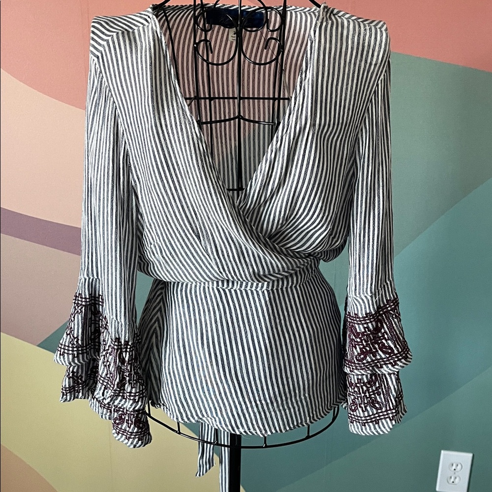 Striped Wrap Blouse with Embroidered Bell Sleeves